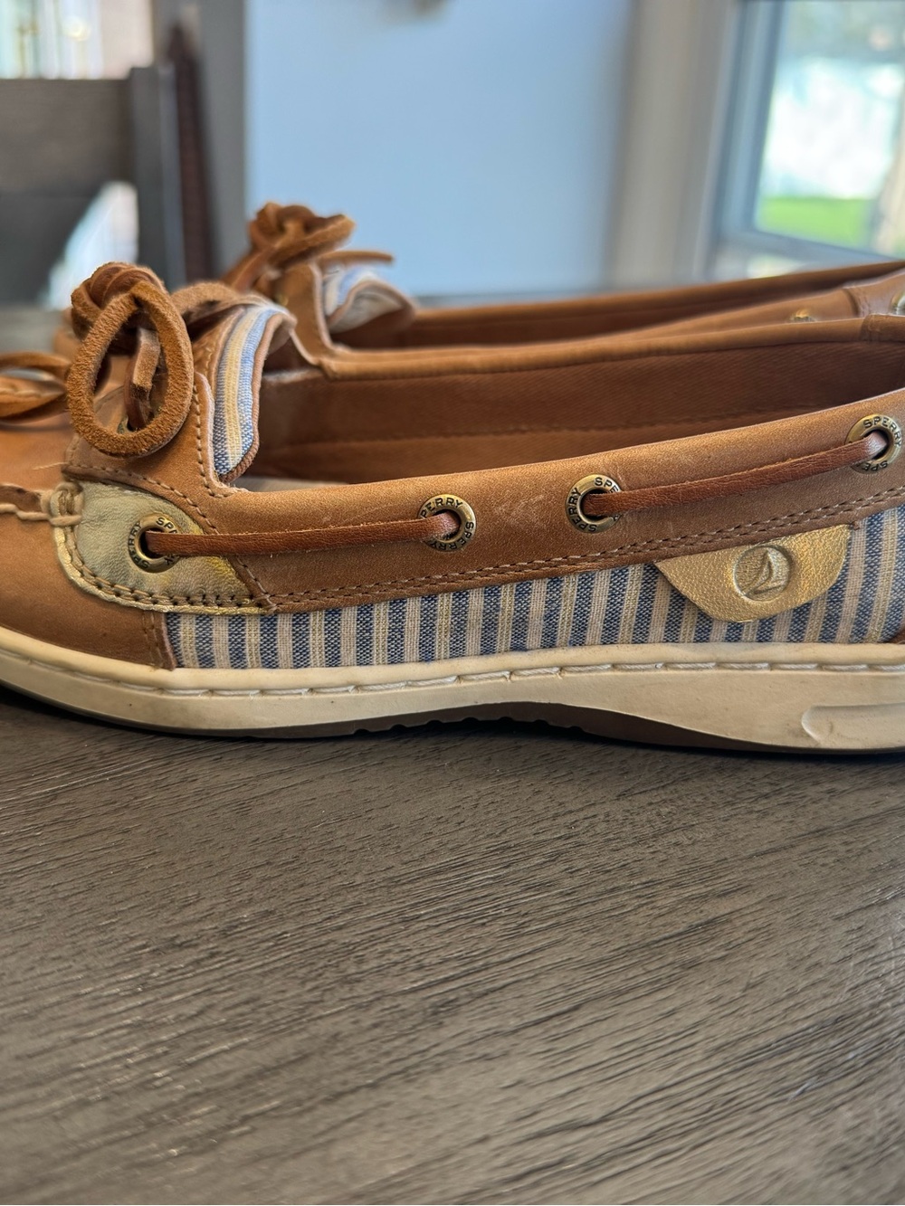 Sperry Brown Leather & Blue-White Striped Moccasins